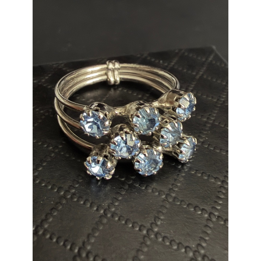 Rhinestone Ring Blue Triple Band Silver Tone Size 7